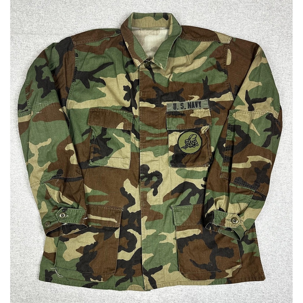 US Navy Jacket Large Long Woodland Camo Field Coat Seabees Patches Military